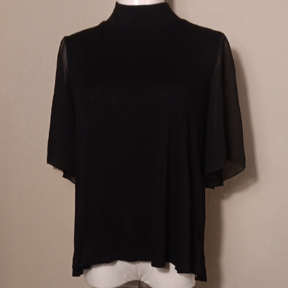 NWOT Kim & Cami Black Mock Neck Flutter Sleeve Blouse Top